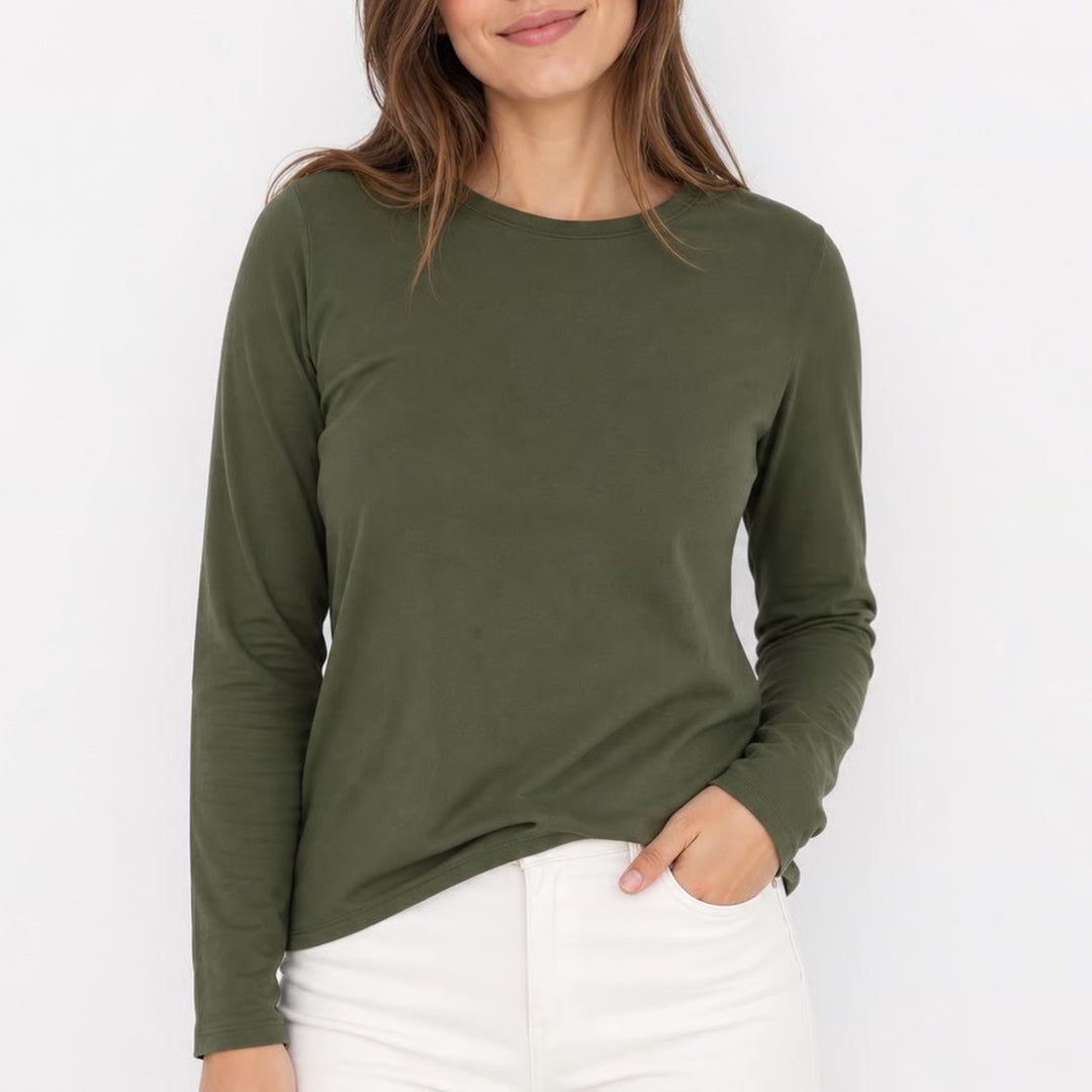 Time and Tru Womens Olive Green Cotton Long Sleeve Crewneck Tee Shirt Size M