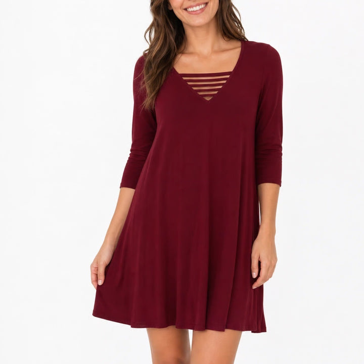 Burgundy V-Neck Strappy Cage Swing Dress 3/4 Sleeve Small Made in USA