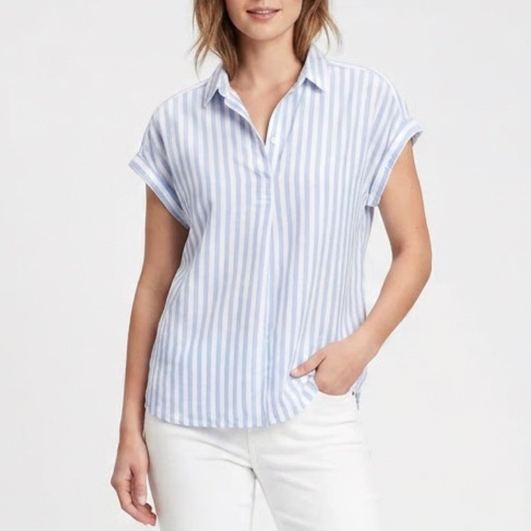 Gap Womens Blue White Striped Short Sleeve V-Neck Blouse Relaxed Fit Large