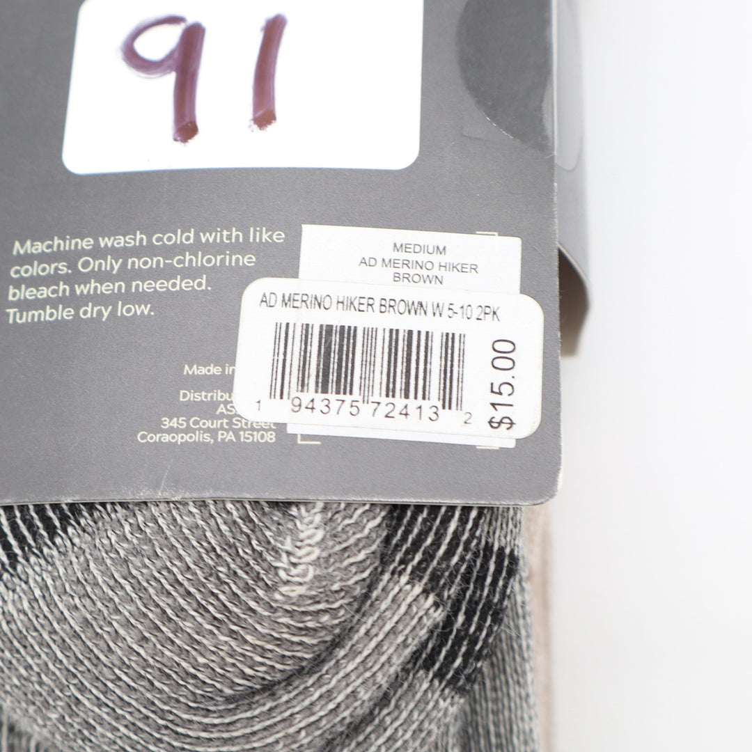 Alpine Design Women Hiker Sock Merino Wool 2 Pack Brown Grey Medium Size 5-10