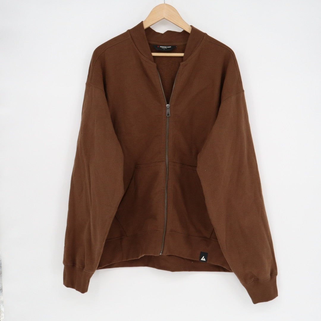 American Giant Bomber Jacket Mens Large Brown Logo Fleece Lined Cotton Full Zip