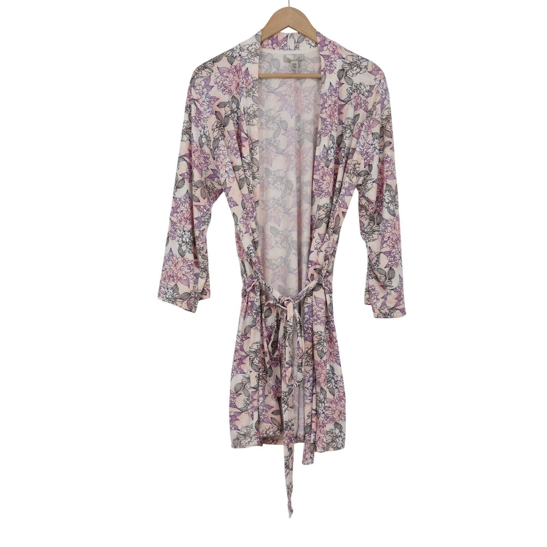 Felemo Womens Floral Robe Pink Purple 3/4 Sleeve Belted Kimono Size Small 10906
