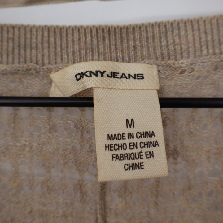 DKNY Jeans Sweater Womens Medium Beige Colorblocked Open Knit Cotton Ribbed