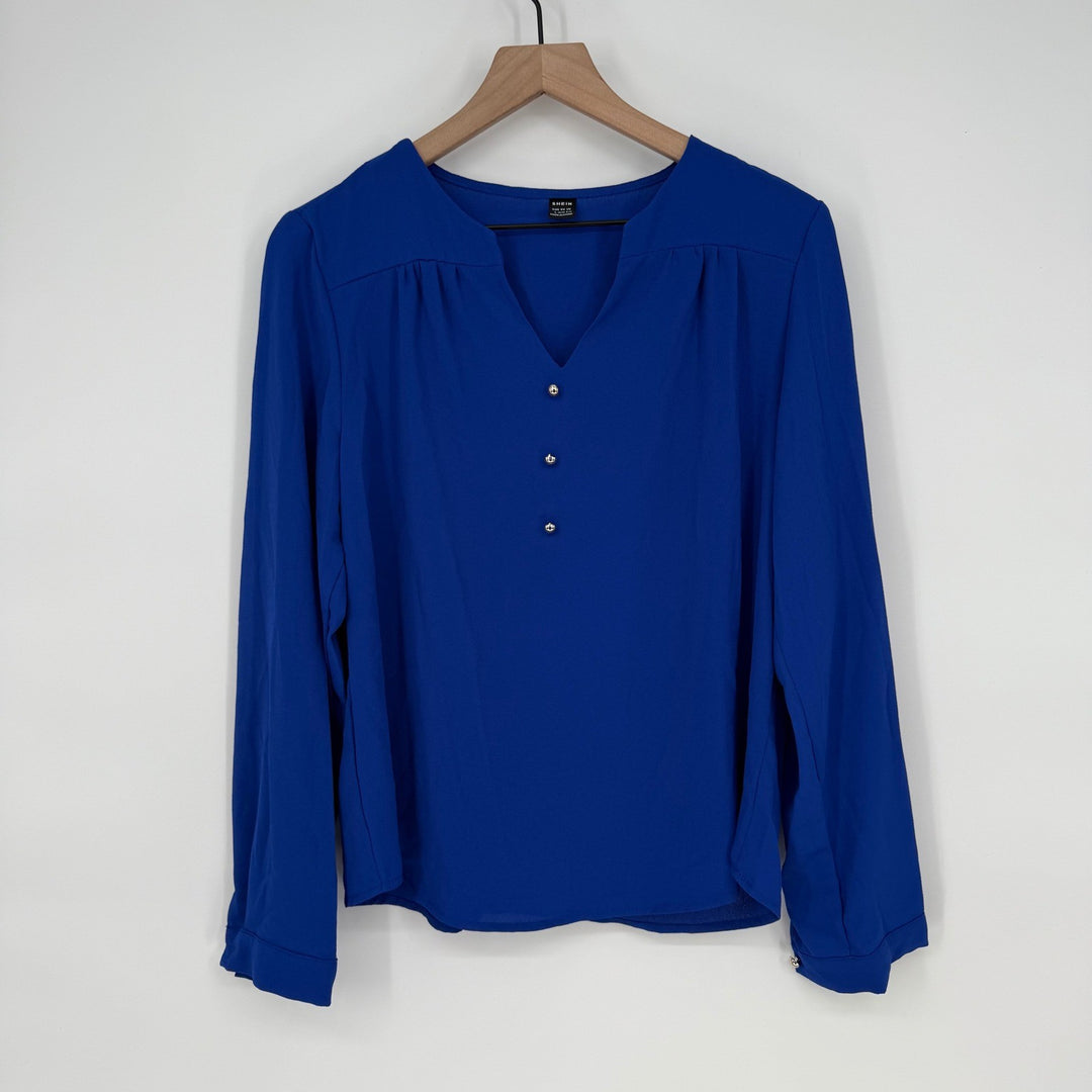 SHEIN Cobalt Blue Blouse Top Womens Long Sleeve Button Detail V-Neck Size L