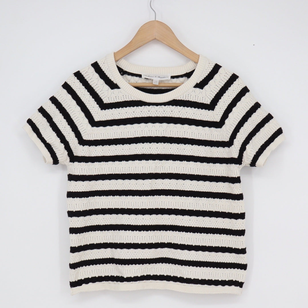 Chelsea & Theodore Womens Striped Pointelle Short Sleeve Sweater Black White L