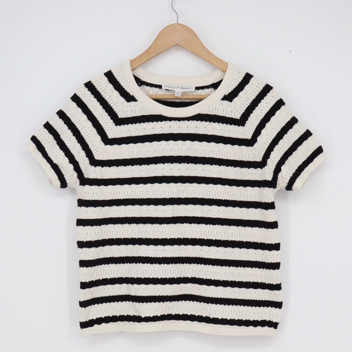 Chelsea & Theodore Womens Striped Pointelle Short Sleeve Sweater Black White L
