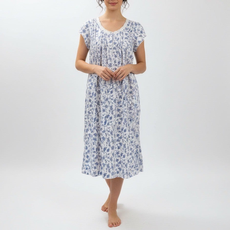 Miss Elaine Womens Blue Floral Nightgown Short Sleeve Button Neck Size S
