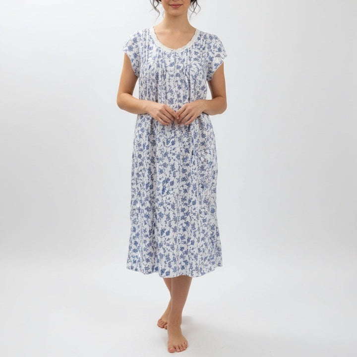 Miss Elaine Womens Blue Floral Nightgown Short Sleeve Button Neck Size S