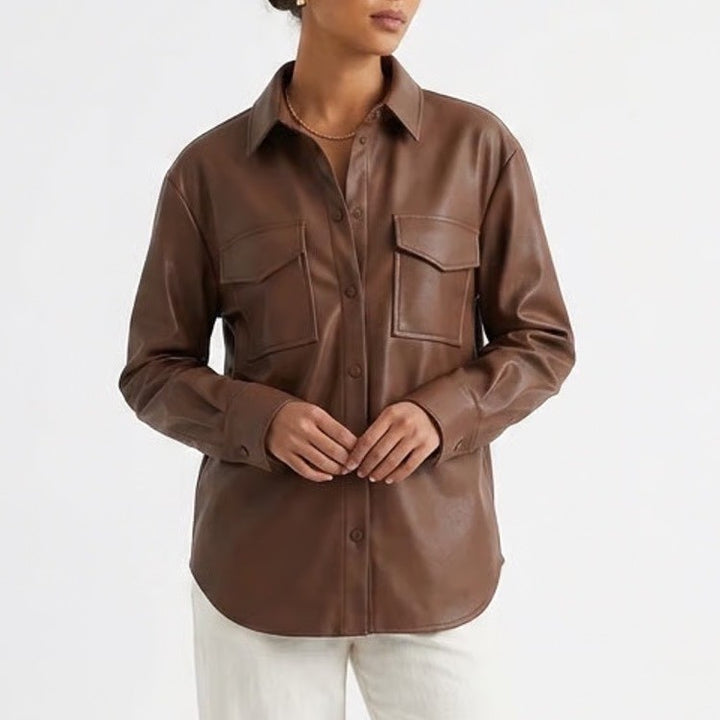 Lisadnyc x The Drop Brown Faux Leather Button Down Shacket Shirt Womens Medium