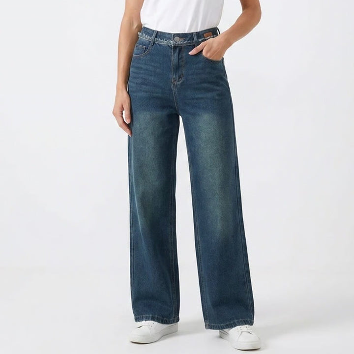 Dark Wash Wide Leg High Waisted Jeans Frayed Waistband Detail Small