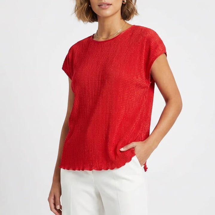 Elementz Red Crinkle Textured Short Sleeve Crew Neck Blouse Top XL