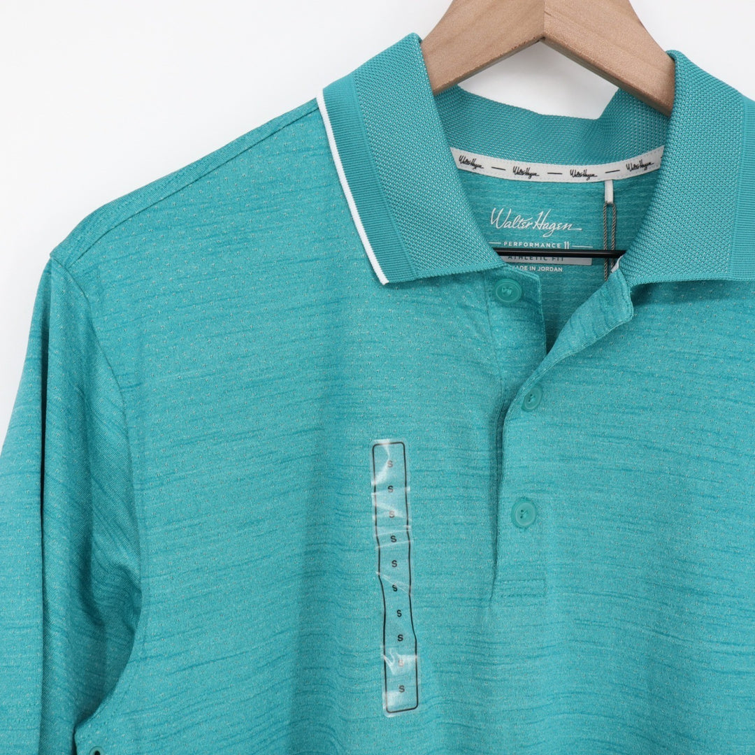 Walter Hagen Mens P11 Birdseye Athletic Fit Golf Polo Shirt Aqua Blue Small NEW