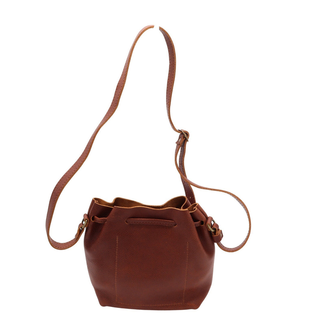 Portland Leather Goods Cognac Brown Pebbled Leather Drawstring Bucket Bag Small