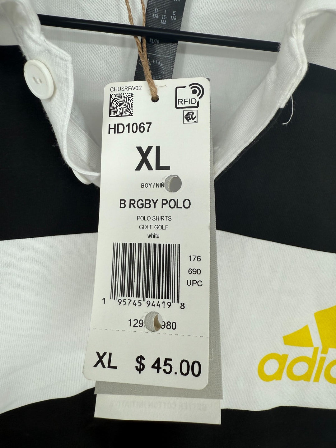 Adidas Rugby Polo Shirt Boys XL Black White Striped Trefoil Logo Cotton Golf