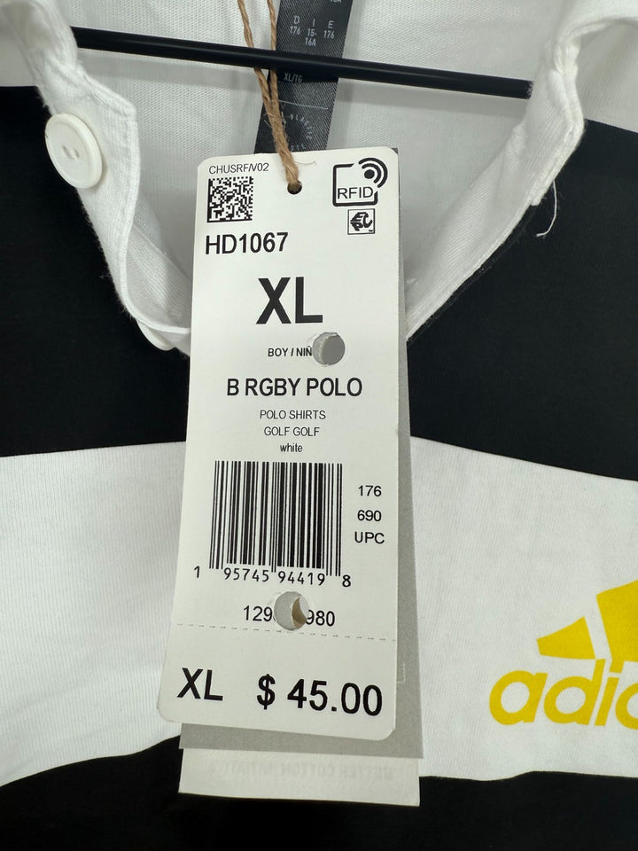 Adidas Rugby Polo Shirt Boys XL Black White Striped Trefoil Logo Cotton Golf