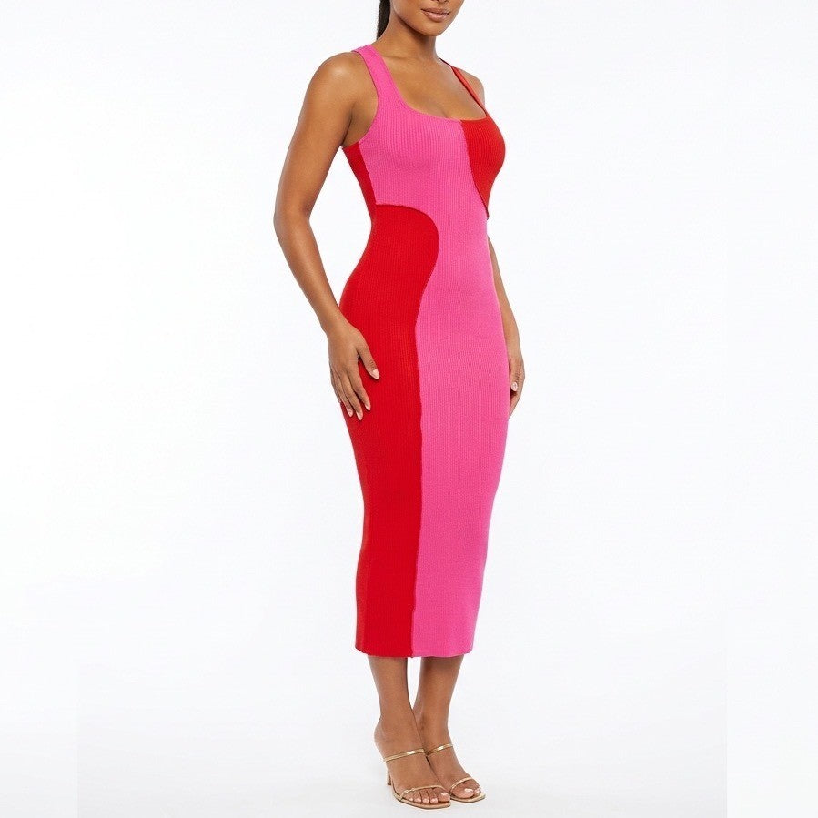 Naked Wardrobe Pink Red Colorblock Ribbed Midi Dress Womens Small