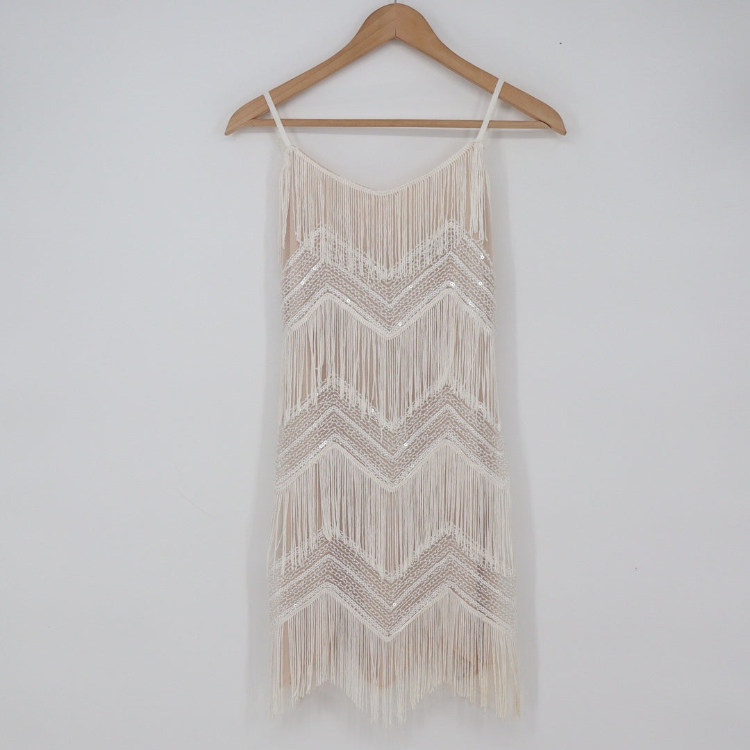 Lulus Mini Dress Womens S Flapper Gatsby White Sequin Fringe Chevron Excellent