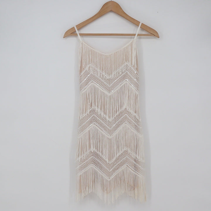 Lulus Mini Dress Womens S Flapper Gatsby White Sequin Fringe Chevron Excellent