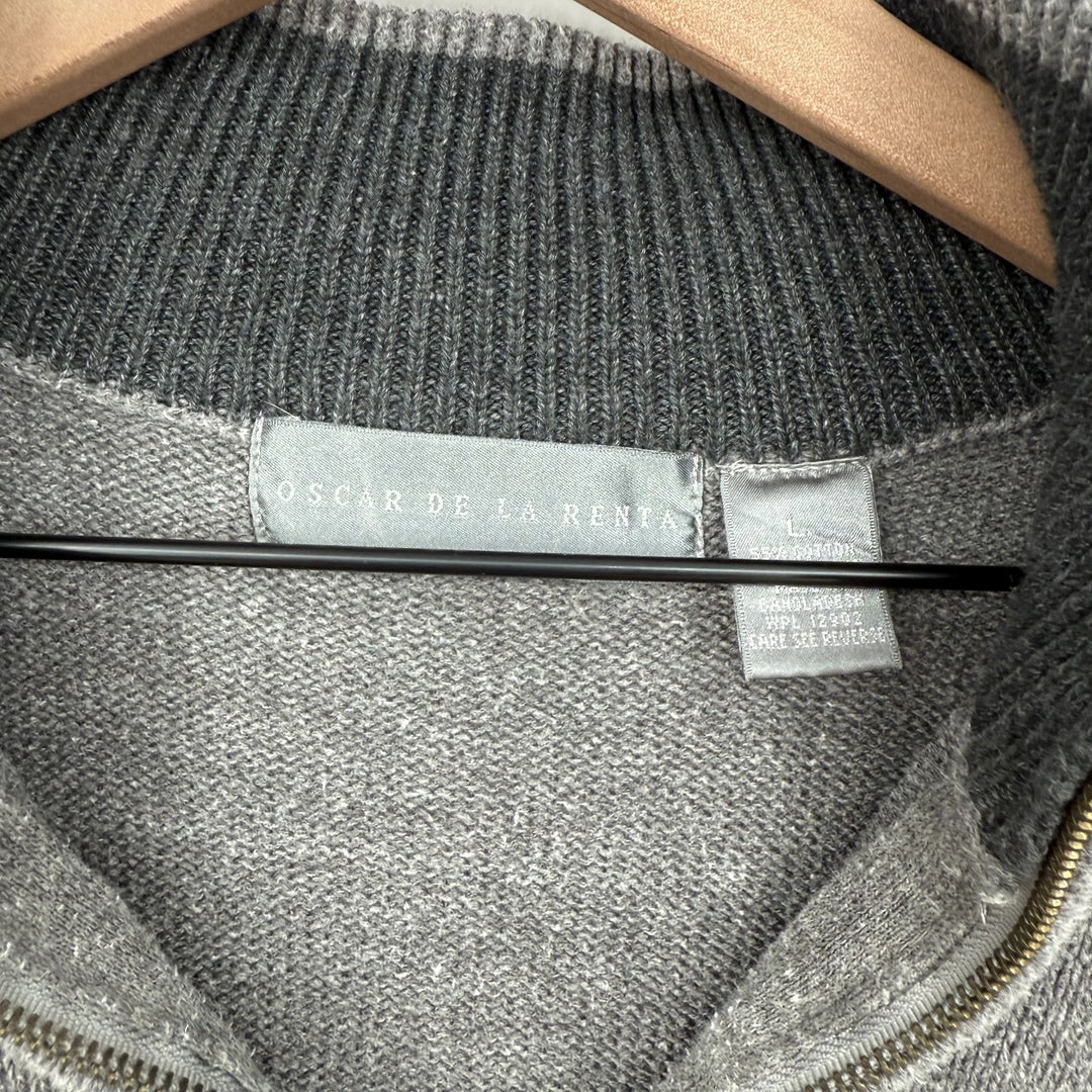 Oscar De La Renta Sweater Men Large Gray Cotton Tight Knit Mock Neck Quarter Zip