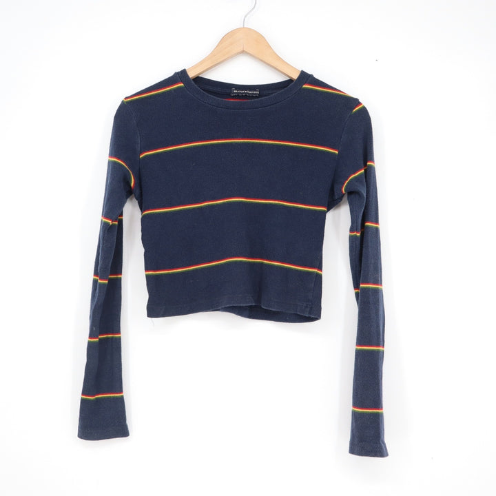Brandy Melville Navy Blue Striped Long Sleeve Crop Top Crew Neck Size S