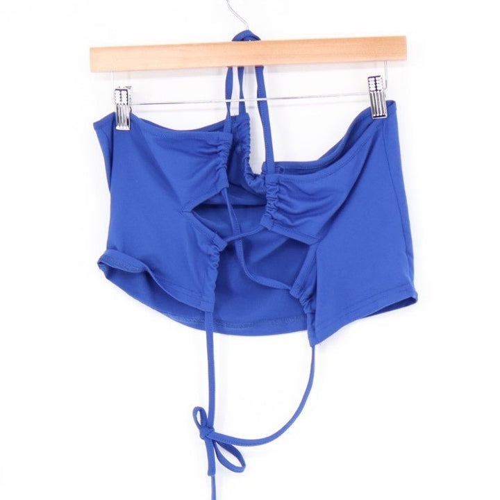 Shein Icon Top Womens Large Blue Ruched Tie Backless Hanky Hem Mesh Halter Neck