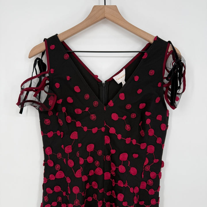 Foxiedox Fit & Flare Dress Women Small Red Black Embroidered Lined Cold Shoulder