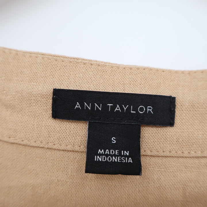 Ann Taylor Blouse Top Womens Small Beige Linen Cap Sleeve Curved Hem Office Wear