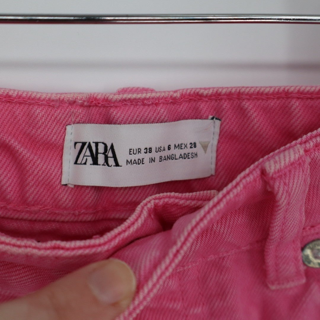Zara Boyfriend Shorts Womens 6 Pink Denim Cotton High Waisted Button Fly Casual