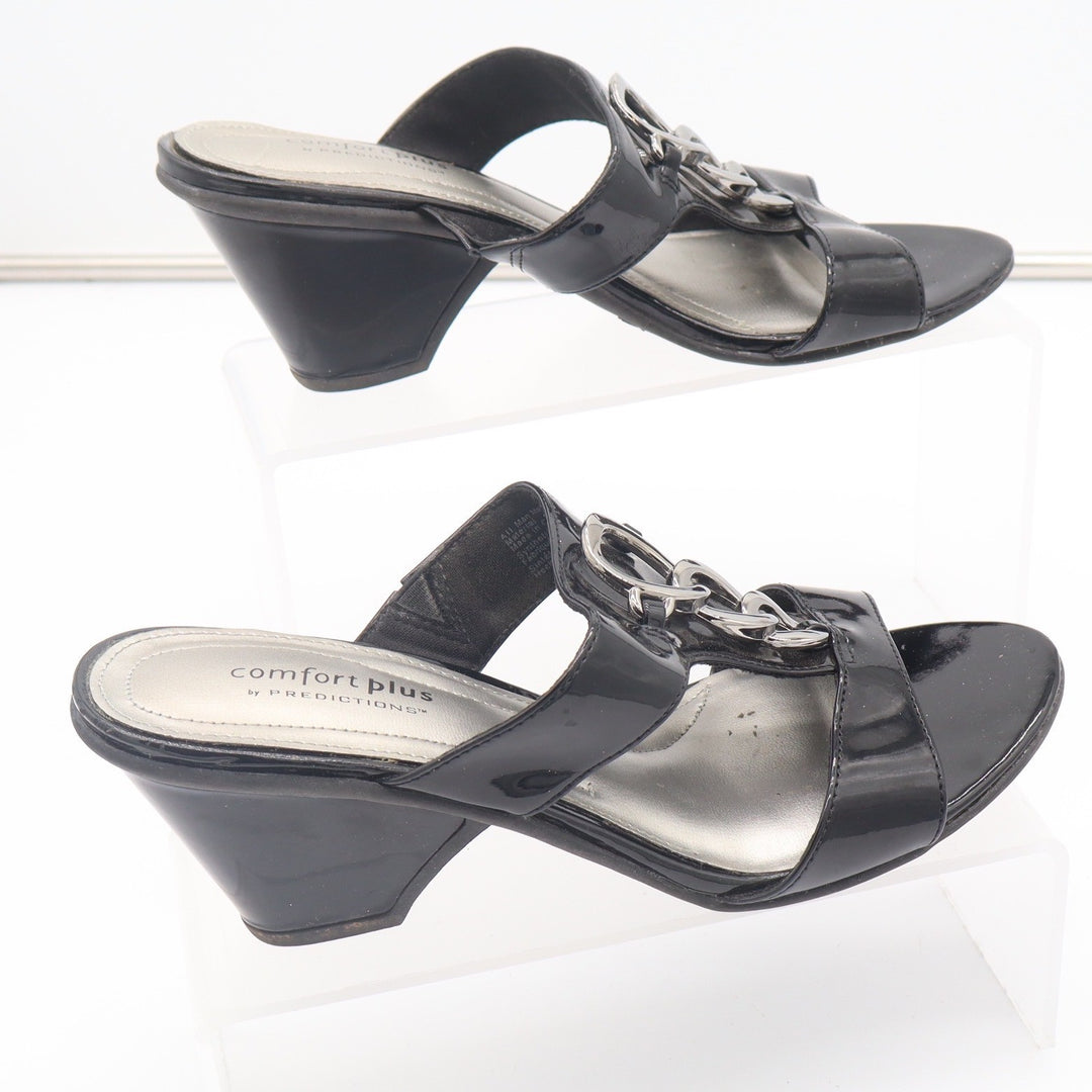Comfort Plus by Predictions Black Patent Chain Slide Sandals Heels 7.5 130750