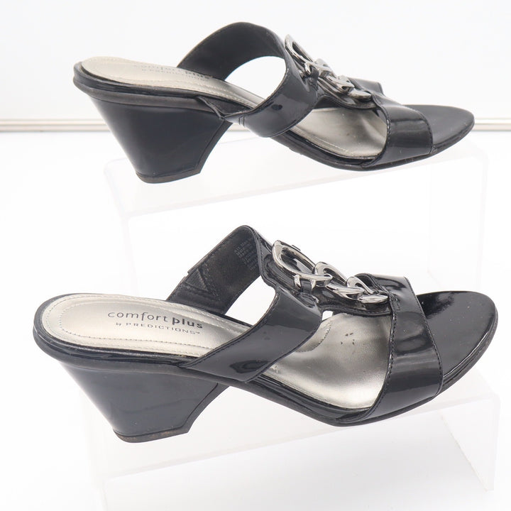 Comfort Plus by Predictions Black Patent Chain Slide Sandals Heels 7.5 130750