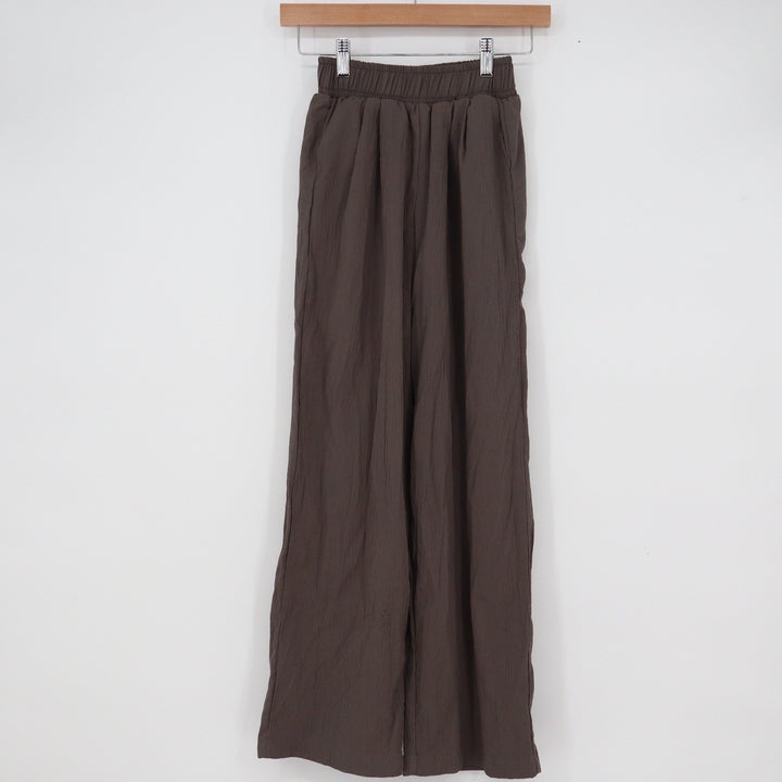 Unbranded Brown Crinkle Gauze Wide Leg Elastic Waist Relaxed Pants Small