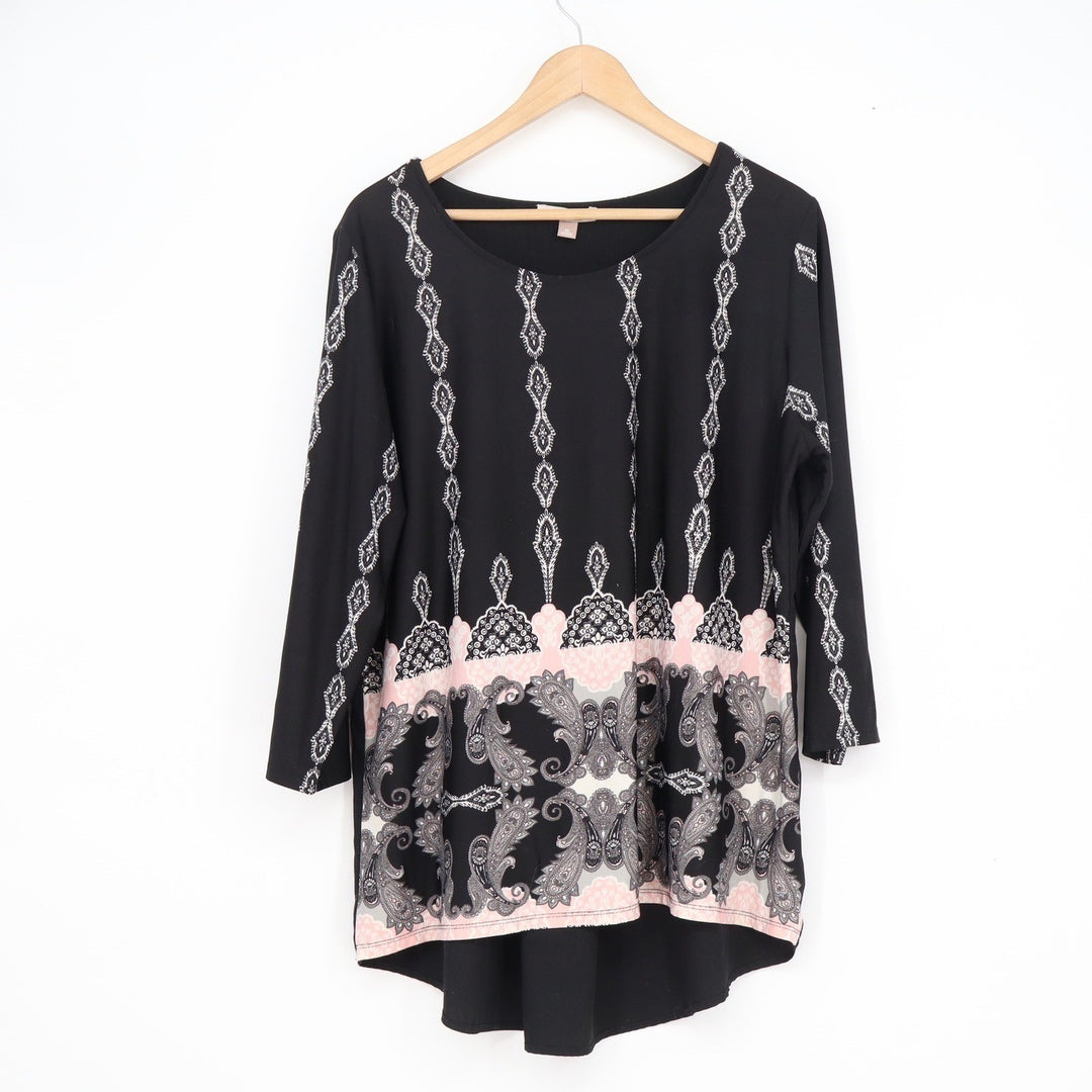 Roz & Ali Womens XL Black Paisley Border Print 3/4 Sleeve High Low Blouse Top