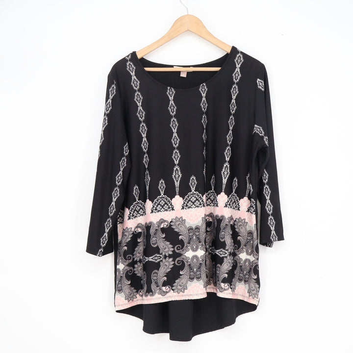 Roz & Ali Womens XL Black Paisley Border Print 3/4 Sleeve High Low Blouse Top