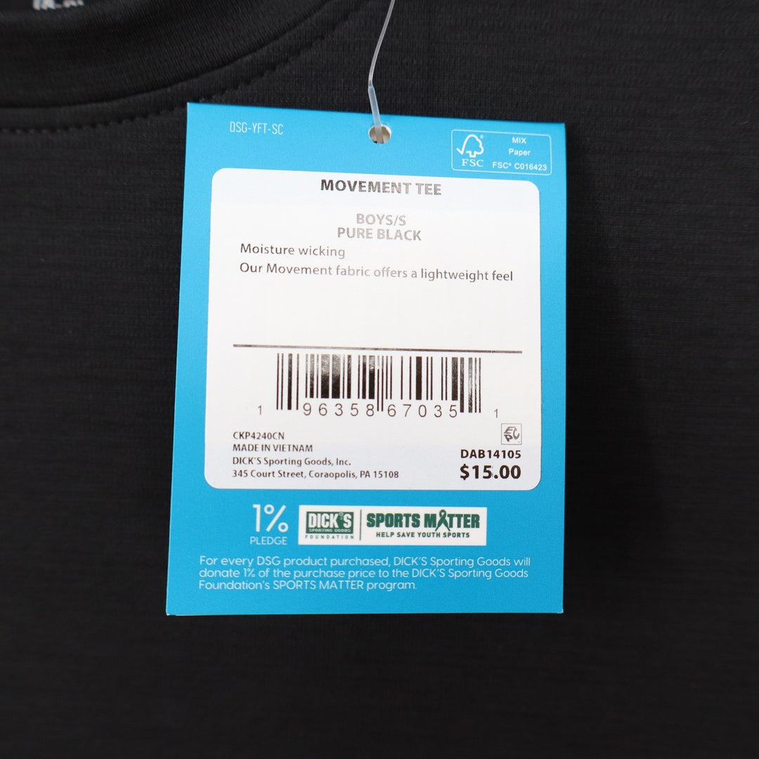 DSG Boys Movement Tee Pure Black Athletic Shirt Size S 8-9 Moisture Wicking NEW
