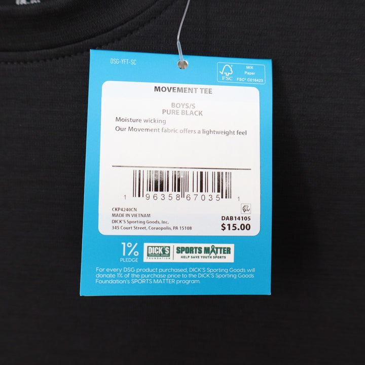 DSG Boys Movement Tee Pure Black Athletic Shirt Size S 8-9 Moisture Wicking NEW