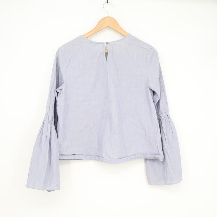 A New Day Blue White Pinstripe Bell Sleeve Blouse Womens Small