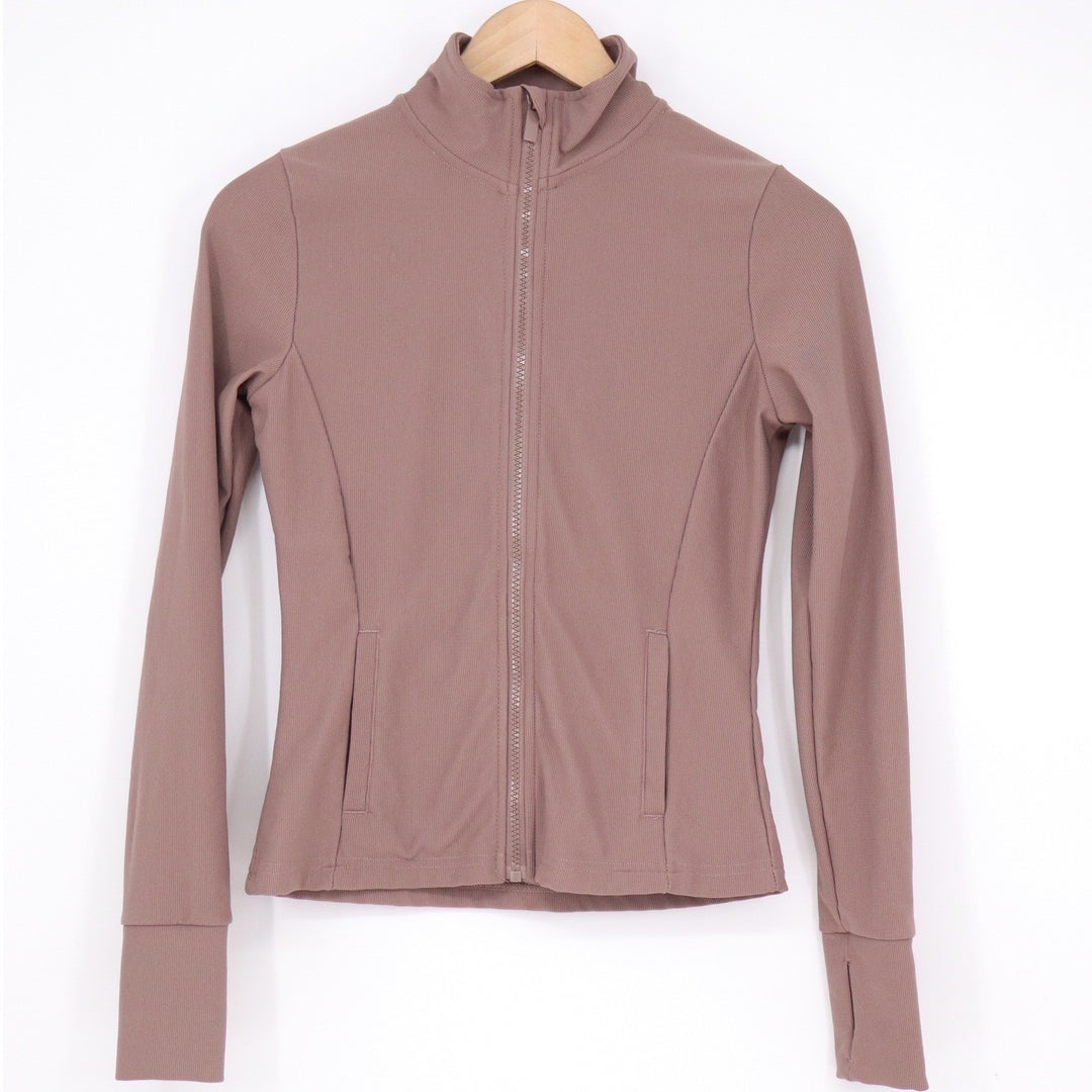 Move Theology Womens XS Ribbed Full Zip Athletic Jacket Mauve Brown Thumbholes
