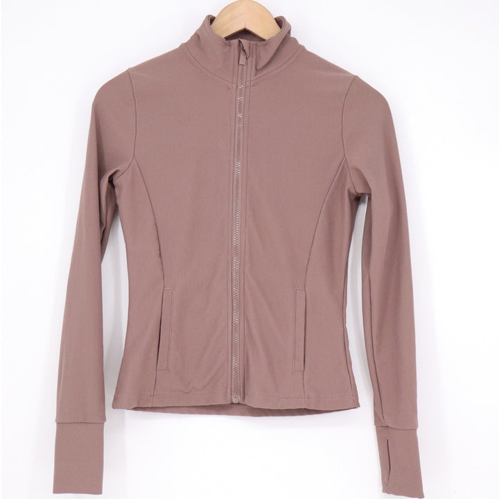 Move Theology Womens XS Ribbed Full Zip Athletic Jacket Mauve Brown Thumbholes