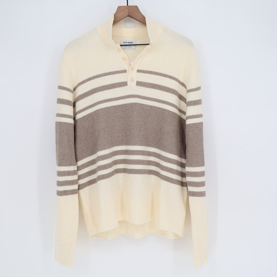 Old Navy Quarter Button Mock Neck Striped Waffle Knit Sweater Cream L NEW
