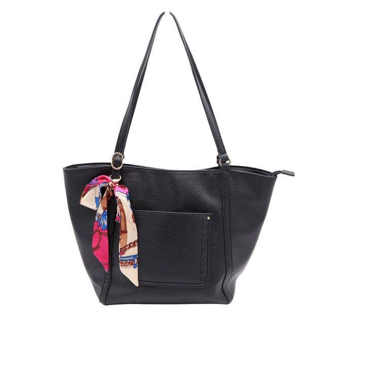 Black Faux Leather Tote Bag with Scarf Accent Gold Hardware Large Shoulder Purse