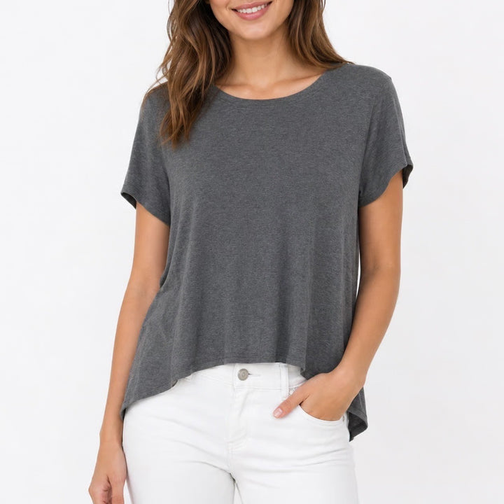 Athleta Womens Medium Gray Modal Short Sleeve High-Low Pleat Back Top