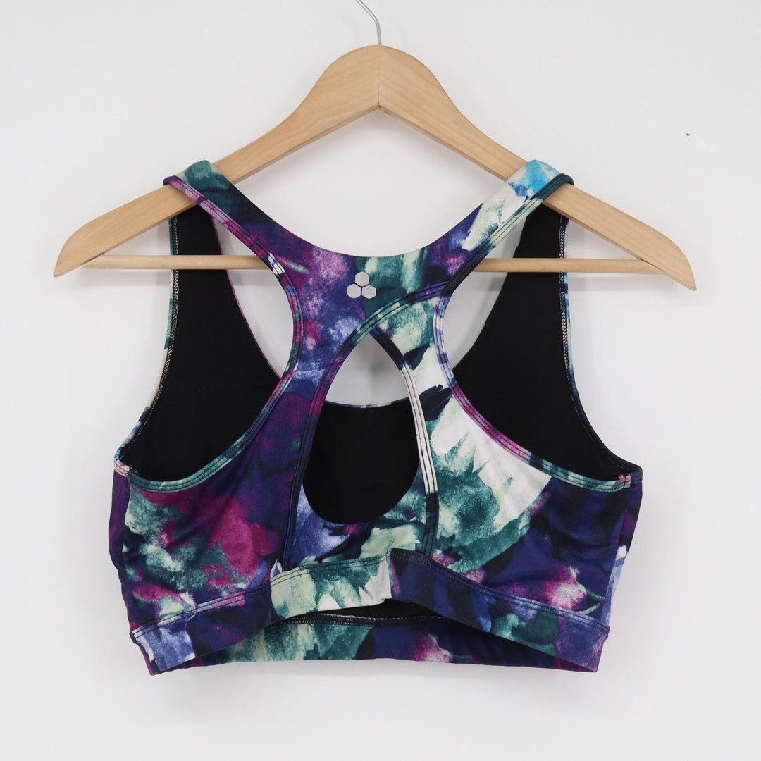 Tek Gear Workout Sports Bra XL Purple Blue Abstract Floral Racerback Keyhole