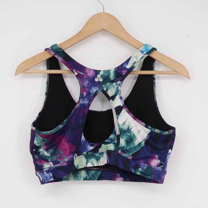 Tek Gear Workout Sports Bra XL Purple Blue Abstract Floral Racerback Keyhole