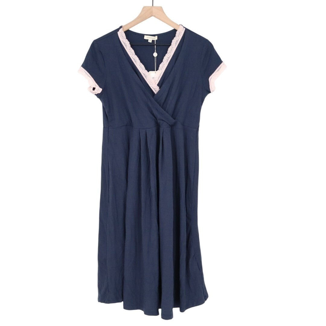 Kimi+Kai Nightgown Dress Womens M Navy Stretch Pleated Lace Trim Short Sleeve