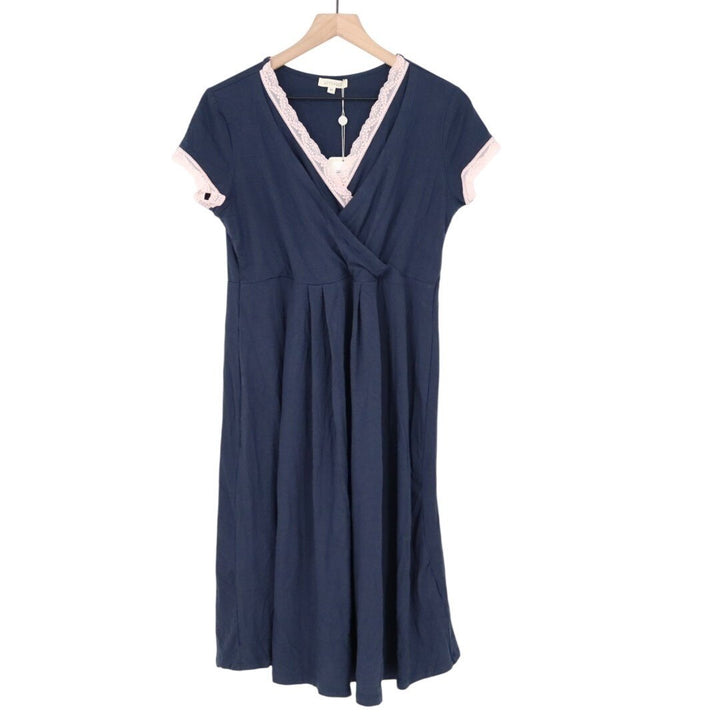 Kimi+Kai Nightgown Dress Womens M Navy Stretch Pleated Lace Trim Short Sleeve