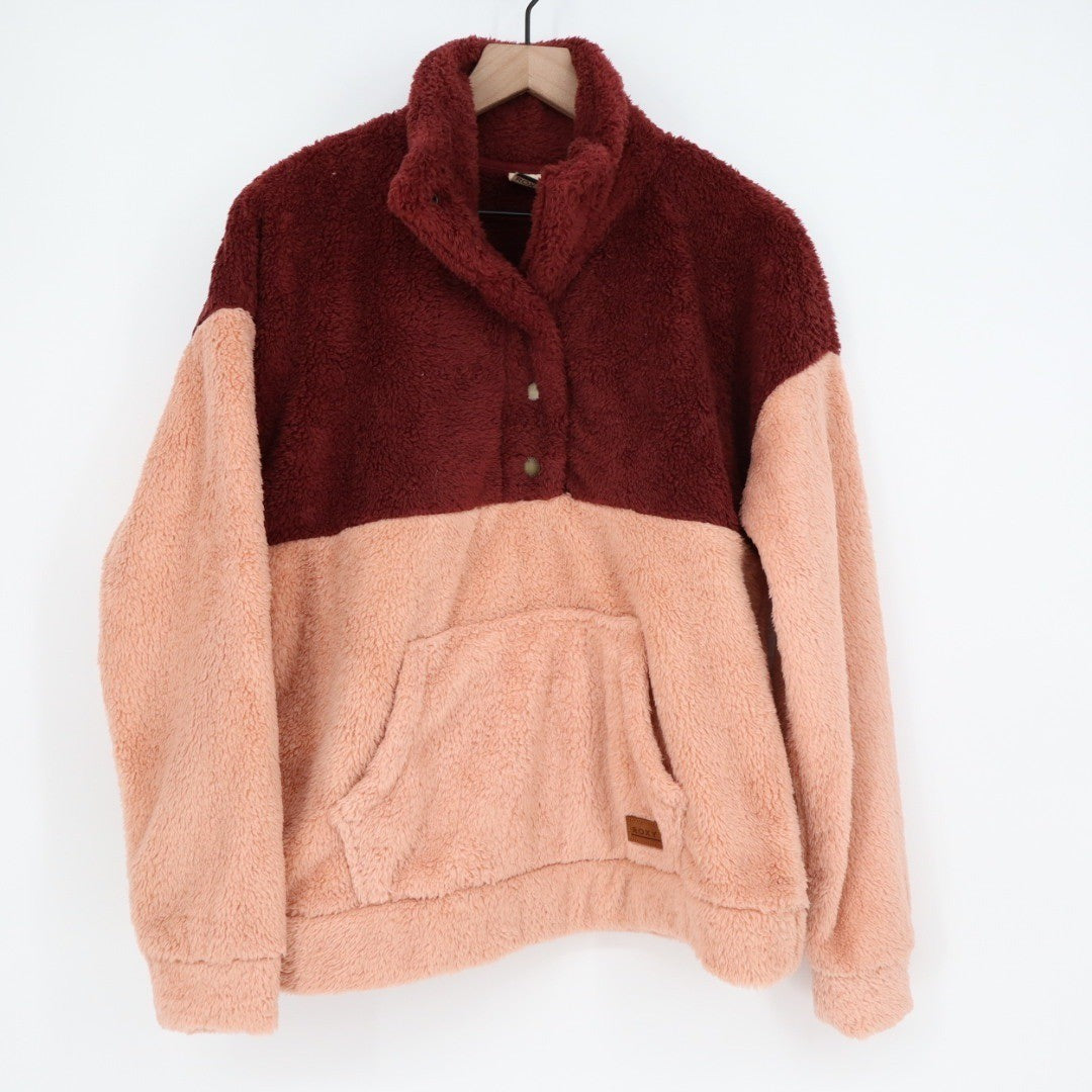 ROXY Colorblock Sherpa Fleece Snap Pullover Sweatshirt Peach Burgundy M