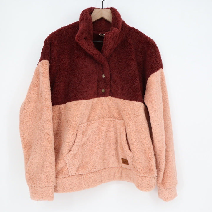 ROXY Colorblock Sherpa Fleece Snap Pullover Sweatshirt Peach Burgundy M