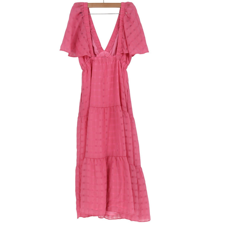Stile Collection Pink Tiered Maxi Dress Flutter Sleeve V-Neck Checkered Medium