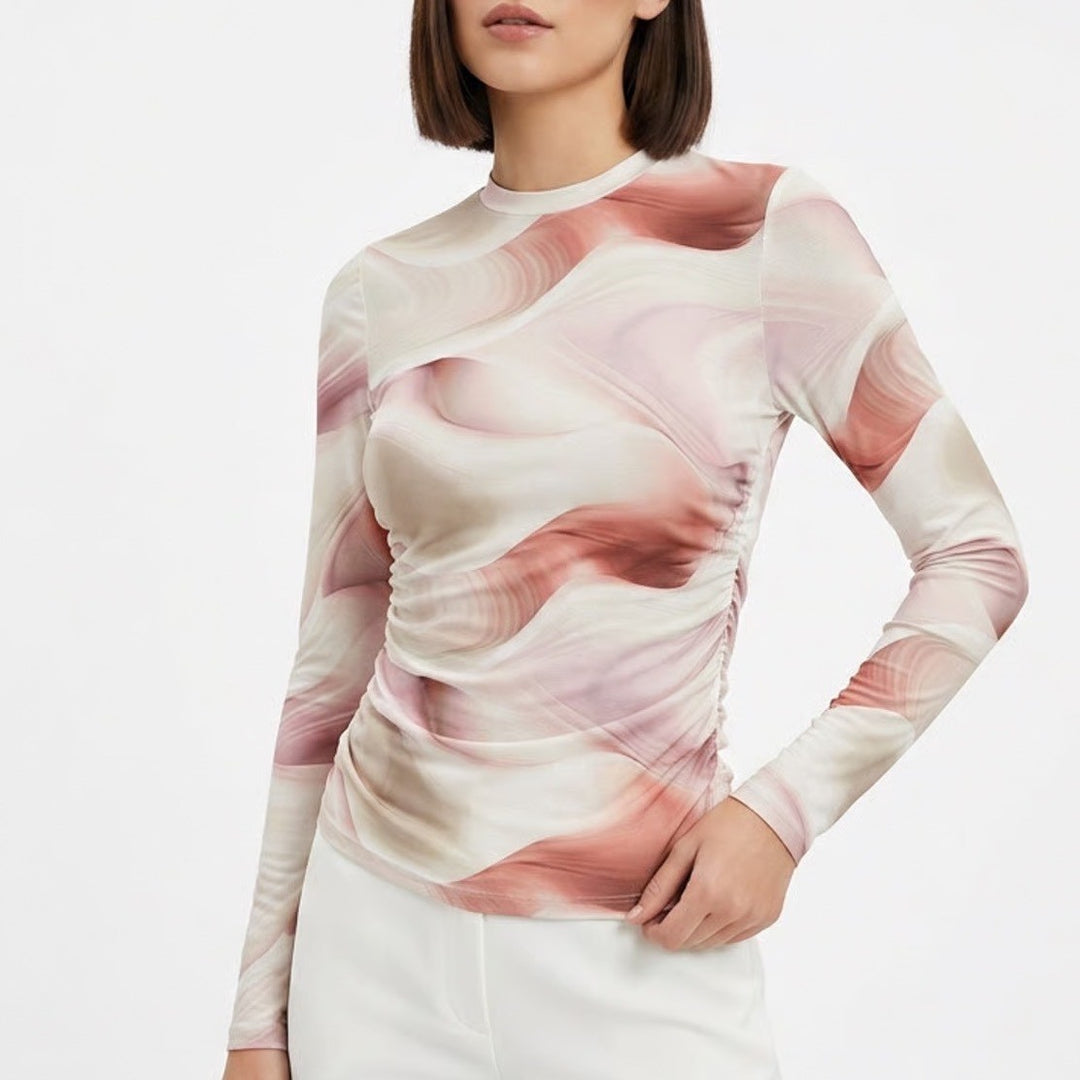 CALIA Tissue Texture LS Crew Dunes Coral Ruched Top XS