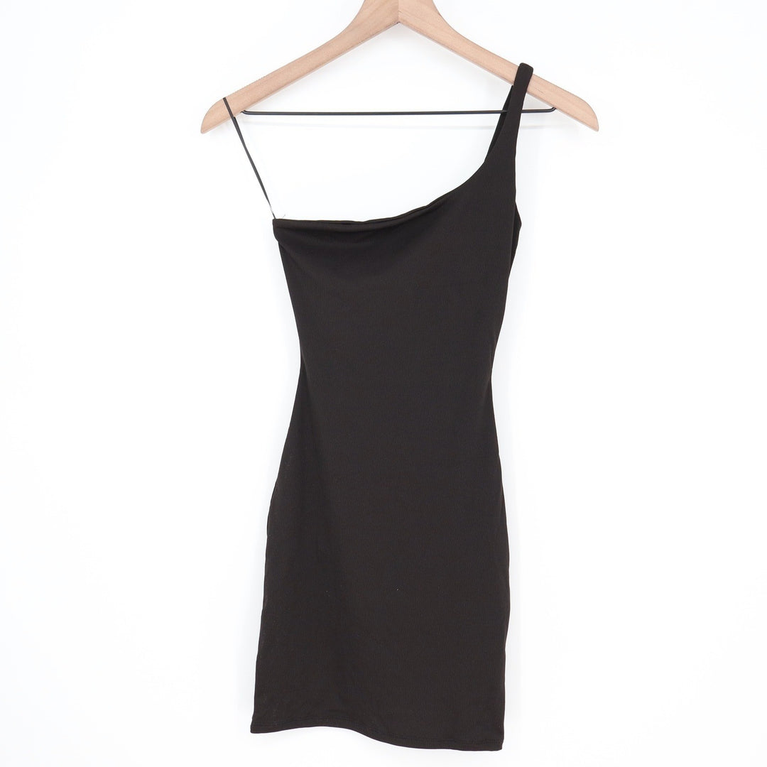 Naked Wardrobe Black One Shoulder Ribbed Mini Dress Small